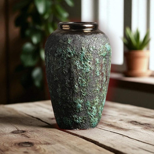 Vintage Green Patina Ceramic Vase Set | Antique Copper Glaze ・ Handcrafted Texture ・ Luxe Decor