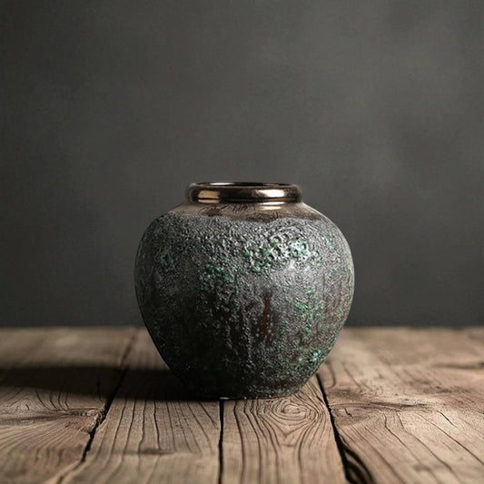 Vintage Green Patina Ceramic Vase Set | Antique Copper Glaze ・ Handcrafted Texture ・ Luxe Decor